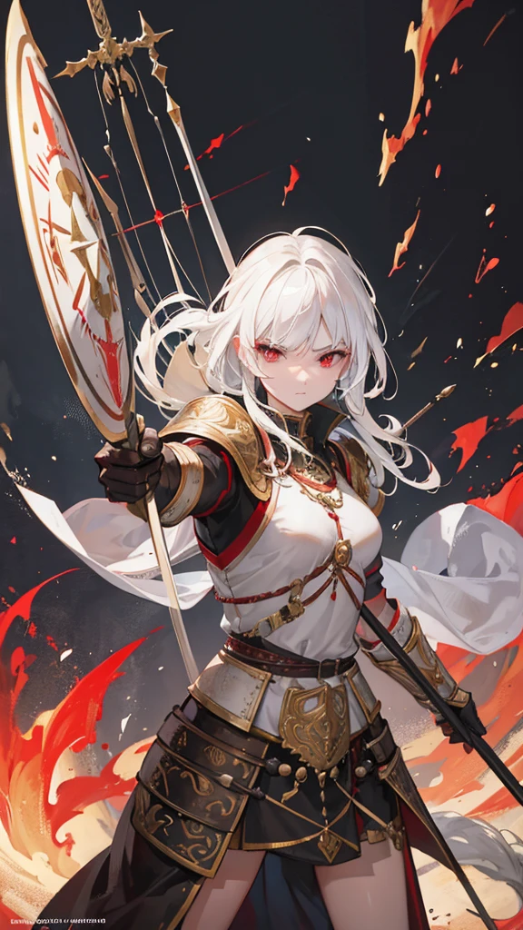 a warrior archer with medium-cut white hair, red eyes, detailed facial features, beautiful, ornate armor, wielding a longbow, in a battle scene, medieval fantasy, dramatic lighting, cinematic composition, epic, highly detailed, 8k, photorealistic, masterpiece