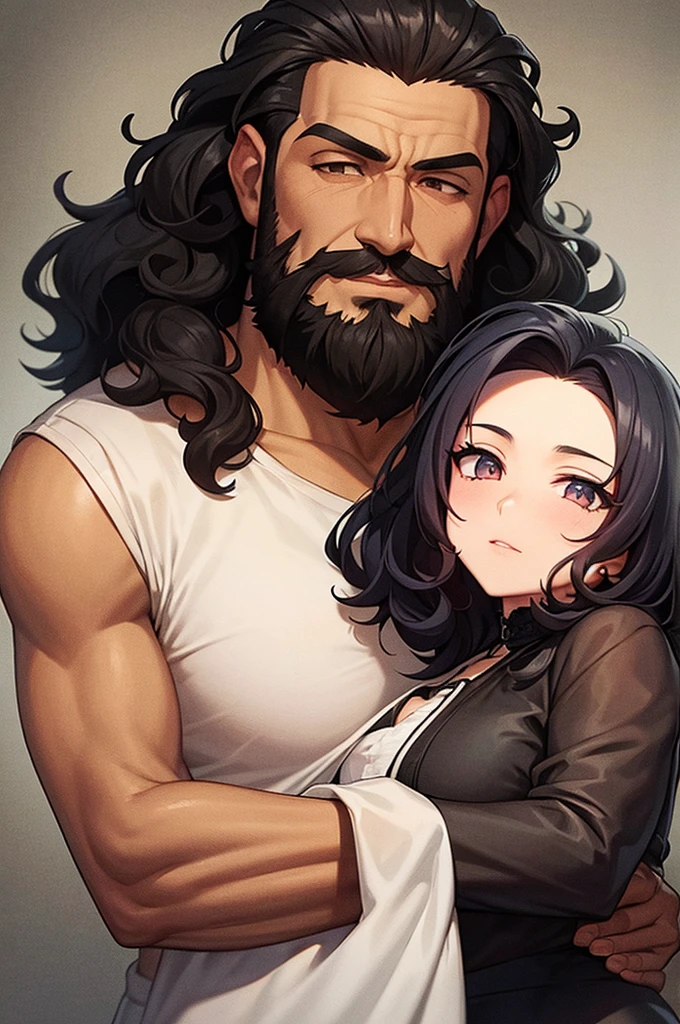 Draw man with curly hair and beard with his black-haired gothic girlfriend