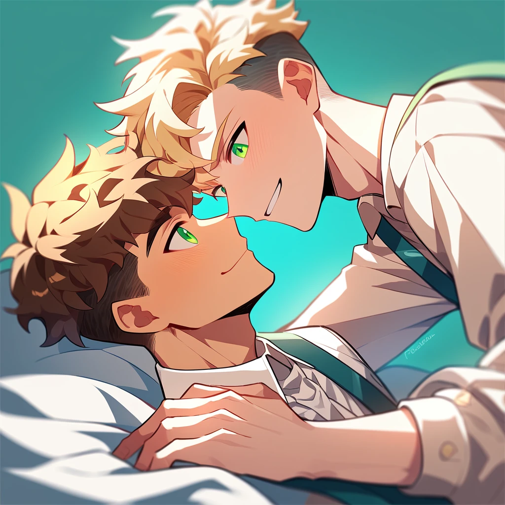 2 young men, focus man , Yaoi, pair,smile, human, short hair, reddish brown hair, Orange-green eyes, elf,golden hair, Undercut style, light green eyes , Fantasy, The best aesthetics , best quality, Amazing quality, The best aesthetics