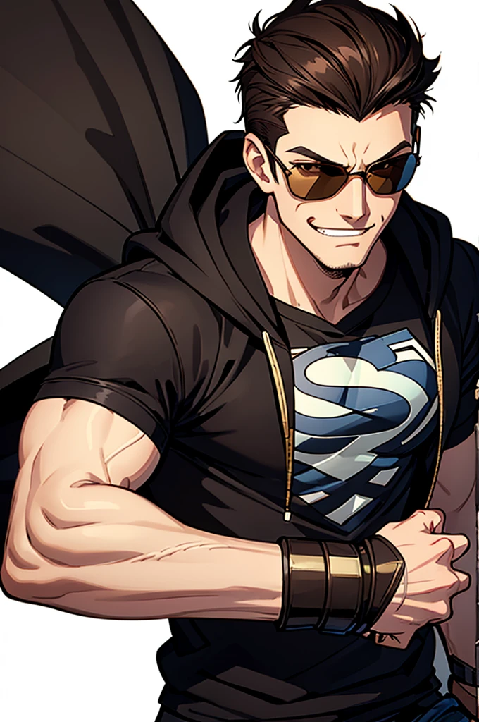 ((illustration)), (best quality)), ((masterpiece)), (detailed), ((white background)), teenage, boy, dark hair, brown eyes, muscular, shirt, black hoodie, sunglass, smirking, solo, gauntlet, day, stylish, slick hair, modern, superhero,