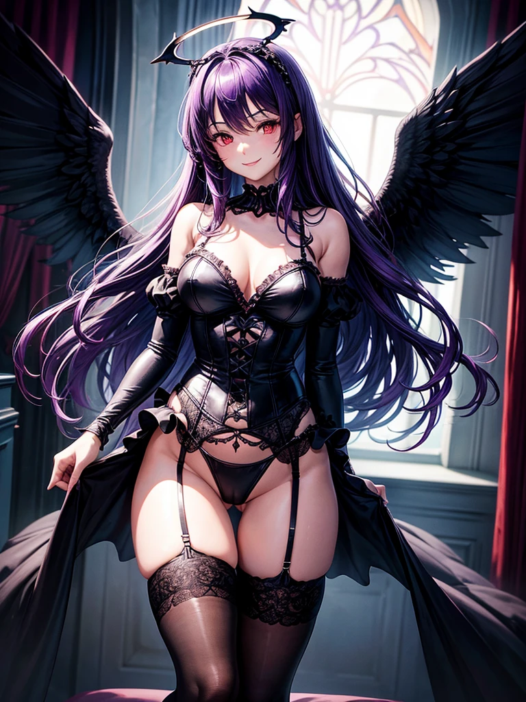 Highest quality,Highest Resolution,Beautiful girl with a smile in a gothic leotard,Big black angel wings on the back,Halo,High leg,Frills,Very beautiful red eyes,front,whole body,Bedroom,Standing posture,Spread your arms out to the sides,garter belt,Thigh-high stockings,Night view outside the window,Purple Hair,