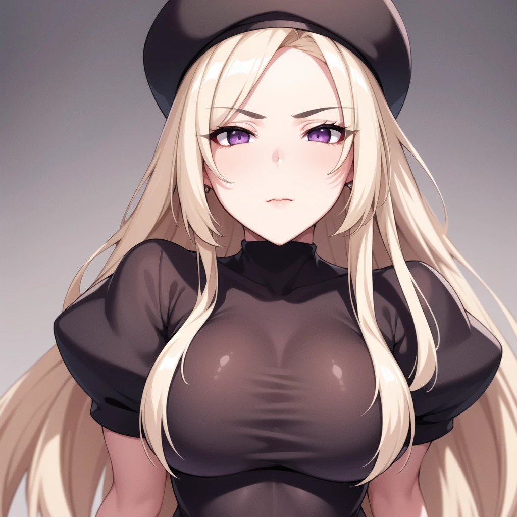 simple white background,
black hats, black dress, turtleneck, long sleeves,
only,purple eyes, blonde Hair,hits,long_Hair,
1 girl, 20 years,young female,beautiful long legs,beautiful body,
beautiful Nose,beautiful character design, Perfect eyes, perfect face,expressive eyes,perfect balance, whole body,
looking at the viewer,(Focus on her face),Closed mouth, (innocent_Big_eyes:1.0),(light_SMILE:0.3),
Official Art,Extremely detailed CG unity 8k wallpaper, perfect lighting,showy, bright_forehead_face_lighting,White skin,
(Masterpiece:1.0),(better_quality:1.0), ultra high resolution,4k,ultra detailed,
Photography, 8k, HDR, high resolution, absurdities:1.2, 400 for Kodak port, film grain, blurred background, bokeh:1.2, Lens flare, (Vibrant_color:1.2),Photography profesional,
(beautiful,Big_old:1.4), (beautiful_face:1.5),(narrow_waist),