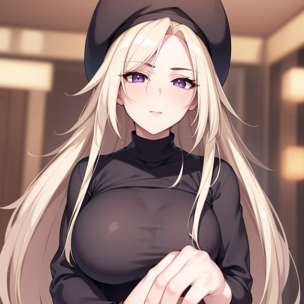 simple white background,
black hats, black dress, turtleneck, long sleeves,
only,purple eyes, blonde Hair,hits,long_Hair,
1 girl, 20 years,young female,beautiful long legs,beautiful body,
beautiful Nose,beautiful character design, Perfect eyes, perfect face,expressive eyes,perfect balance, whole body,
looking at the viewer,(Focus on her face),Closed mouth, (innocent_Big_eyes:1.0),(light_SMILE:0.3),
Official Art,Extremely detailed CG unity 8k wallpaper, perfect lighting,showy, bright_forehead_face_lighting,White skin,
(Masterpiece:1.0),(better_quality:1.0), ultra high resolution,4k,ultra detailed,
Photography, 8k, HDR, high resolution, absurdities:1.2, 400 for Kodak port, film grain, blurred background, bokeh:1.2, Lens flare, (Vibrant_color:1.2),Photography profesional,
(beautiful,Big_old:1.4), (beautiful_face:1.5),(narrow_waist),