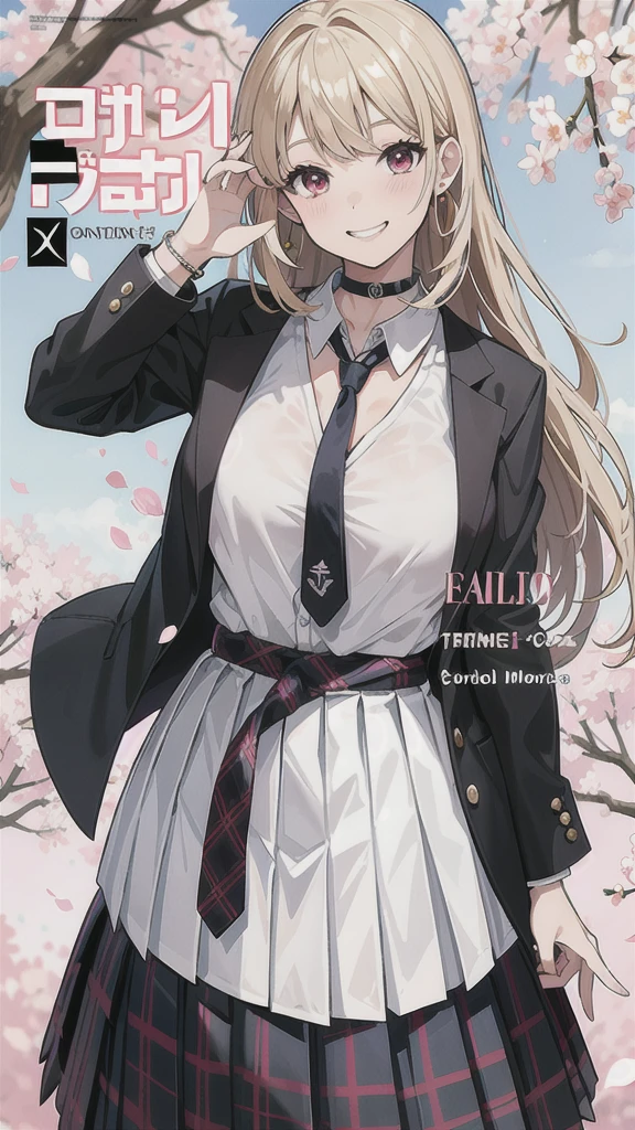 masterpiece, best quality, full body,
1girl, bangs, black choker, black necktie, blonde hair, blue skirt, blush, bracelet, breasts, choker, clothes around waist, collarbone, collared shirt, cowboy shot, dress shirt, ear piercing, eyebrows visible through hair, gradient hair, grin, gyaru, jewelry, kogal, long hair, looking at viewer, loose necktie, necktie, piercing, plaid, plaid skirt, pleated skirt, red eyes, ring, school uniform, shirt, skirt, smile, solo, white shirt,
street, sky, cherry blossoms, petals,illustration, (magazine:1.3), (cover-style:1.3), fashionable, woman, vibrant, outfit, posing, front, colorful, dynamic, background, elements, confident, expression, holding, statement, accessory, majestic, coiled, around, touch, scene, text, cover, bold, attention-grabbing, title, stylish, font, catchy, headline, larger, striking, modern, trendy, focus, fashion,