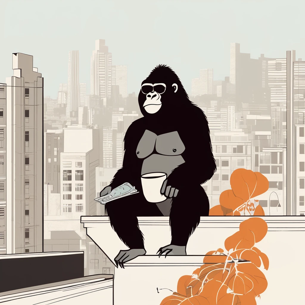 gorilla-like , sweet,art by Sophie Roach , art by Jon Klassen , art by Michael Cho , art by Sophie Roach、sunglasses,campimg,smoking,city