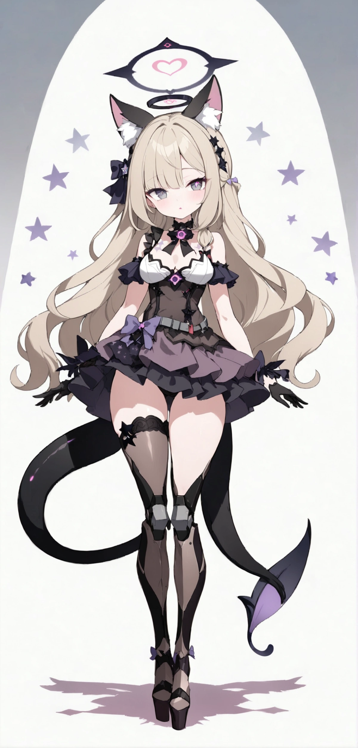 woman 170 cm tall. medium chest, wide hip, slim build, ((whole body)). (((character design sheet: front view))). (dark blonde hair, (hip-length wavy hair with asymmetrical bangs), She has a short braid tied with an elegant purple bow on the left side of her hair above her chest. She has a short braid tied with an elegant purple bow on the right side of her hair above her chest. She has small ribbons in the back of her hair..). ((Gray eyes with a pink 4-pointed star in the pupil.)). Two black and purple serval ears located on the top of the head. (Luminous black halo with purple star patterns above his head). He has a black collar with a heart emblem on his neck.. (Elegant one-piece long dress with lace and ruffle thigh-high skirt, ribbon decorations and star patterns on the dress). black gloves, beautiful black platform heels. gray belt at the waist with a large ribbon with a luminous pink heart in the middle. (It has a beautiful succubus tail with a small purple star on the tip.). ((It has complex mechanical legs that reach up to the thighs and are black with small purple details..)). beautiful detailed hair, beautiful detailed dress. extremely detailed arms. extremely detailed face, small face, Beautiful detailed eyes, beautiful detailed lips. adorable. extremely detailed legs. (Best Quality, 4k, high resolution), ultra detailed, Exquisite and epic character art., ((White background)).