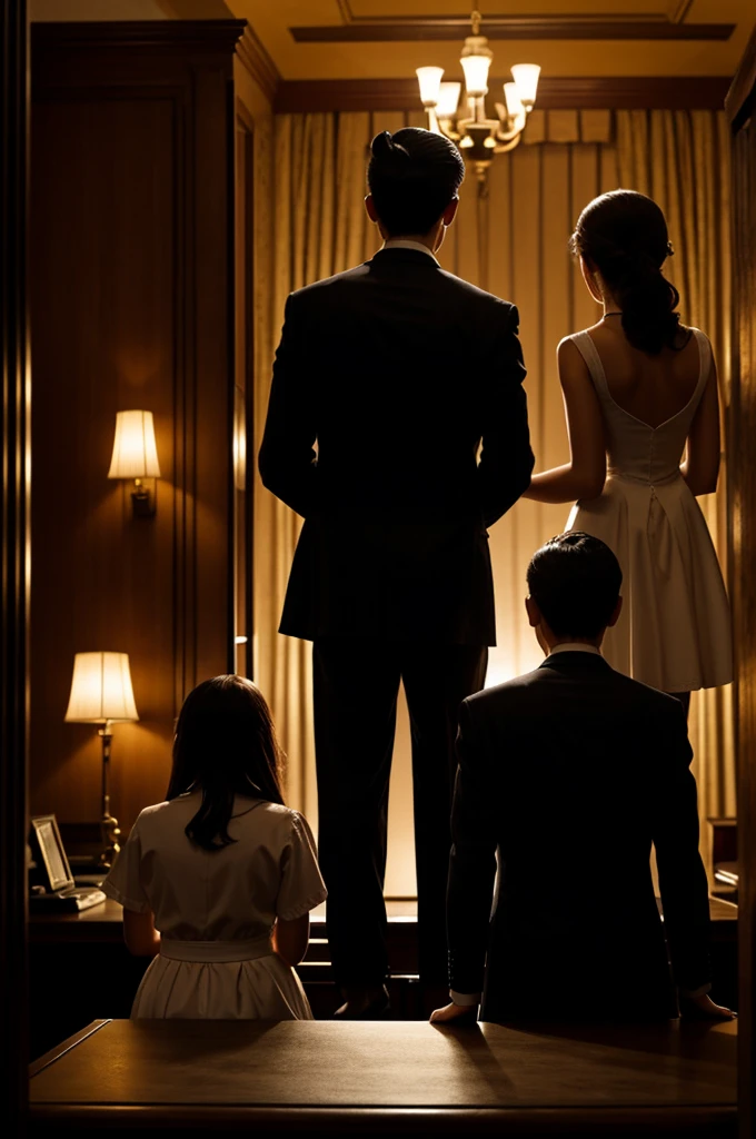 Two girls and a boy checked in at the desk of the haunted hotel, back view