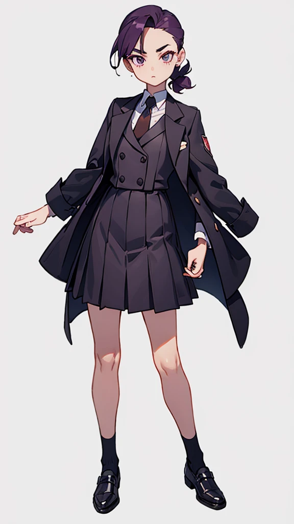 1.Cross-dressing girl,suit,Hair style slicked back,Dark purple hair,Leather shoes,whole body,White background,濃い紫のsuit,Photographer,Smaller height,Socks are black