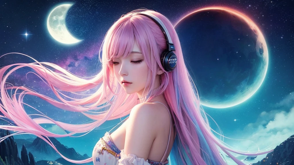 (masterpiece, top quality, best quality,watercolor (medium),official art, beautiful and aesthetic:1.2),(1girl:1.3), (fractal art:1.3),upper body, from side, looking at viewer,patterns,(rainbow color Hair,colorful hair,half blue and half pink hair:1.2),water,liquid, cloud,colorful, starry,stars,,moon,star night, "Generate an image of the character with the background changed to a fantastical night scene, like Orihime, featuring a mystical and dreamlike atmosphere with a luminous moon, sparkling stars, and an ethereal glow."Closed eyes while listening to music
