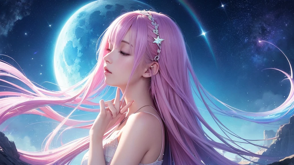 (masterpiece, top quality, best quality,watercolor (medium),official art, beautiful and aesthetic:1.2),(1girl:1.3), (fractal art:1.3),upper body, from side, looking at viewer,patterns,(rainbow color Hair,colorful hair,half blue and half pink hair:1.2),water,liquid, cloud,colorful, starry,stars,,moon,star night, "Generate an image of the character with the background changed to a fantastical night scene, like Orihime, featuring a mystical and dreamlike atmosphere with a luminous moon, sparkling stars, and an ethereal glow."Closed eyes while listening to music