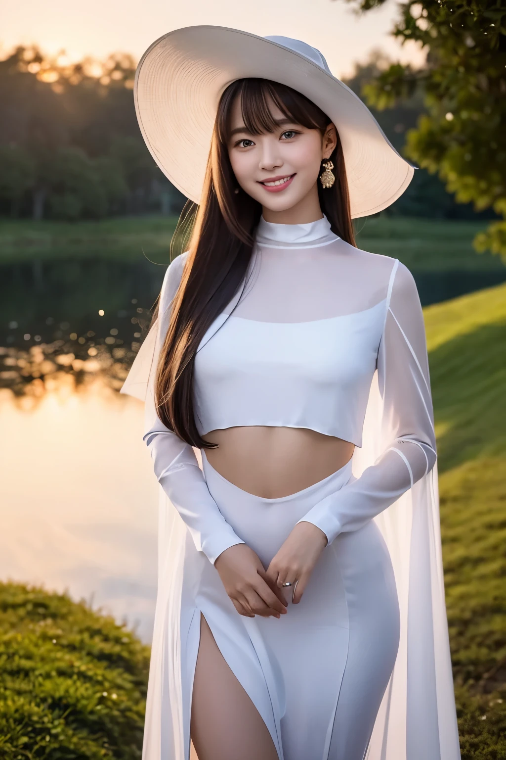 1 Beautiful young Asian military girl, radiating a smile with her long straight hair, cascading down to her shoulders and framing her bangs, her bright blue eyes sparkling under the soft light. She possesses a straight nose, complementing her symmetric figure, accompanied by small pink lips that curved into a perfect smile. Her flat stomach and long legs exuded a sense of elegance, while her ergonomic hands and fingers were designed for precision and comfort.

Dressed in a shiny silk dress that hugged her figure perfectly, she donned a witch hat that added a whimsical touch to her military uniform. Surrounded by the serene beauty of a sunrise, cherry bloss