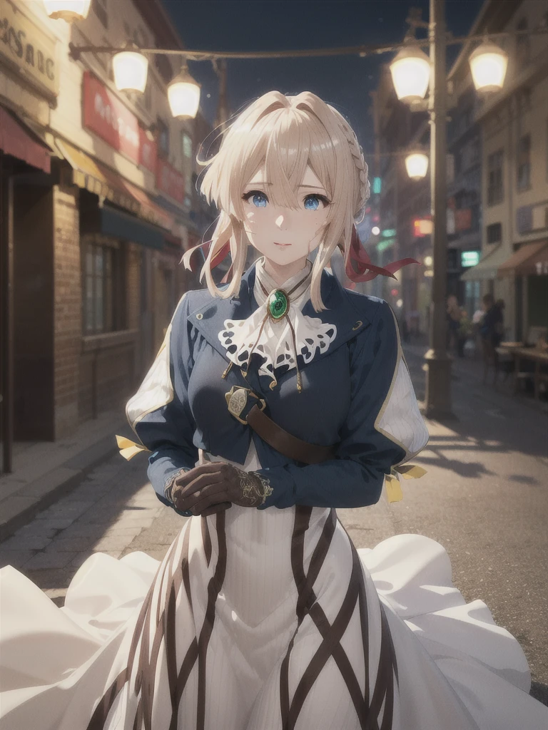Pleased:1.3, masterpiece, Highest quality, High resolution, Violet Evergarden, Braiding, Hair Ribbon, Red ribbon, jewelry, White Ascot, brooch, Blue jacket, Long sleeve, Brown gloves, White Dress, Long dress, Are standing, Cowboy Shot, Outdoor, unity 8k wallpaper, (figure:0.8), (Beautiful attention to detail:1.6), Highly detailed face, Perfect lighting, Highly detailed CG, (3D Face:1.1), (Shiny skin:1.5), (超High resolution intricate face details), (Facial skin pores:1.3), 超High resolution cloth texture
