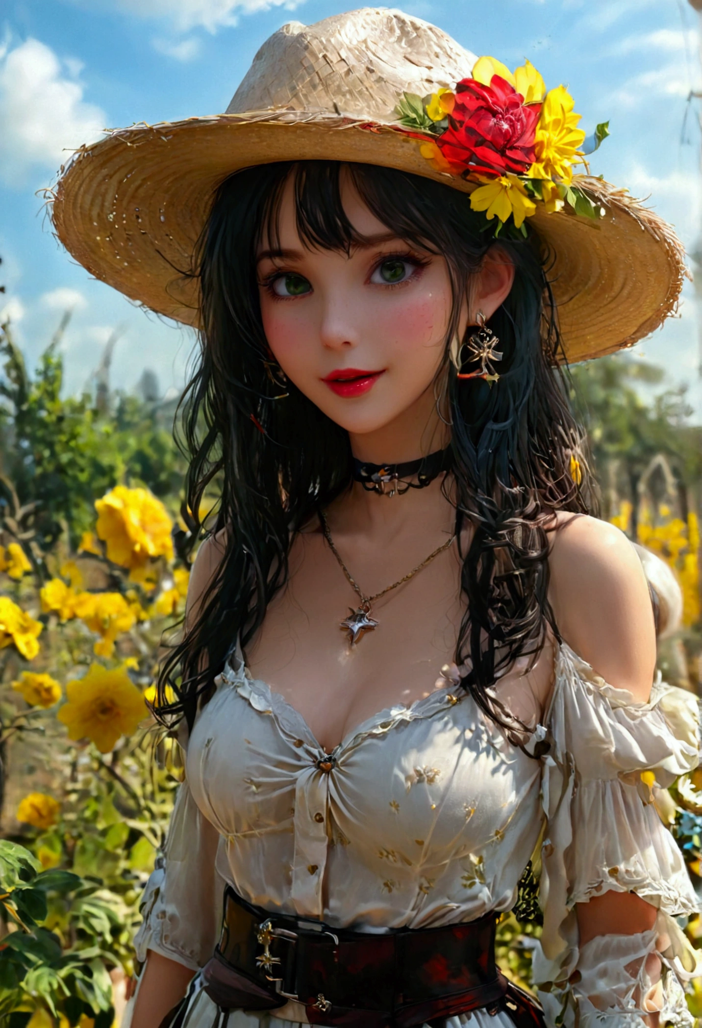 There is a woman lying on the grass with a hat, 🌺 CGSetnation, realistic fantasy rendering, Trend in CGTacing:, fey queen of the summer forest, unreal engine render + uma deusa, CG 3D, 3 d cg |, DAZ3D, DAZ 3D, DAZ 3D, render de abril, Arte no estilo de Guweiz, Guweiz