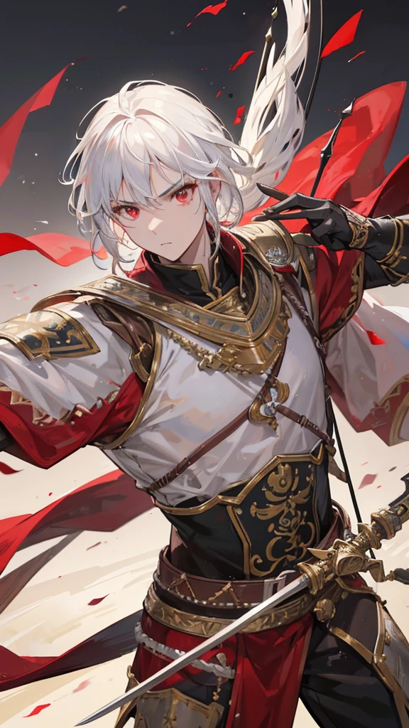 a man warrior archer with medium-cut white hair, red eyes, detailed facial features, beautiful, ornate armor, wielding a longbow, in a battle scene, medieval fantasy, dramatic lighting, cinematic composition, epic, highly detailed, 8k, photorealistic, masterpiece