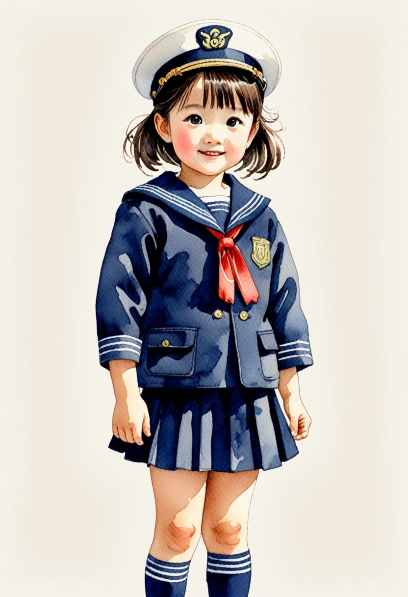 Hand-drawn watercolor illustration, Japanese elementary school students, Navy blue sailor suit,6 years old, cute, cute, Simple, Pencil line drawing