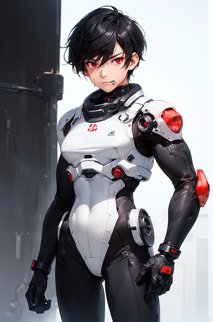 (((masterpiece; best quality: 1.2))), (finely detailed eyes: 1.3), (25 year old man), (solo), (red eyes: 1.4), (body; toned, fit, masculine: 1.3), (short black hair: 1.3), (beautiful and clear background: 1.2), ((depth of field)), (equipment: black-and-white mechpilot bodysuit + black gloves: 1.3), (anime illustration: 1.2), (background composition; hangar: 1.1), (extremely fine and handsome: 1.1), (shot composition; standing + centered on torso + close-up: 1.5), (expression; calm, stoic: 1.2)
