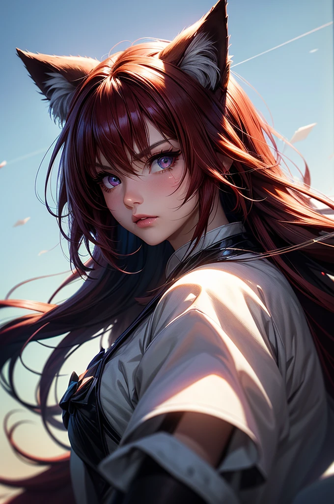 hair bobbles, wince, longeyelashes, solid circle eyes, fake animal ears, ear blush, fang, ccurate, red hair, scar on cheek, sparkling eyes, wolf ears, serious, Surrealism, drop shadow, anaglyph, stereogram, tachi-e, pov, atmospheric perspective, chiaroscuro, sideways, 8k, super detail, best quality