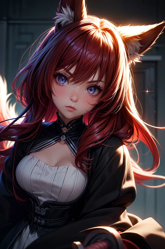 hair bobbles, wince, longeyelashes, solid circle eyes, fake animal ears, ear blush, fang, ccurate, red hair, scar on cheek, sparkling eyes, wolf ears, serious, Surrealism, drop shadow, anaglyph, stereogram, tachi-e, pov, atmospheric perspective, chiaroscuro, sideways, 8k, super detail, best quality