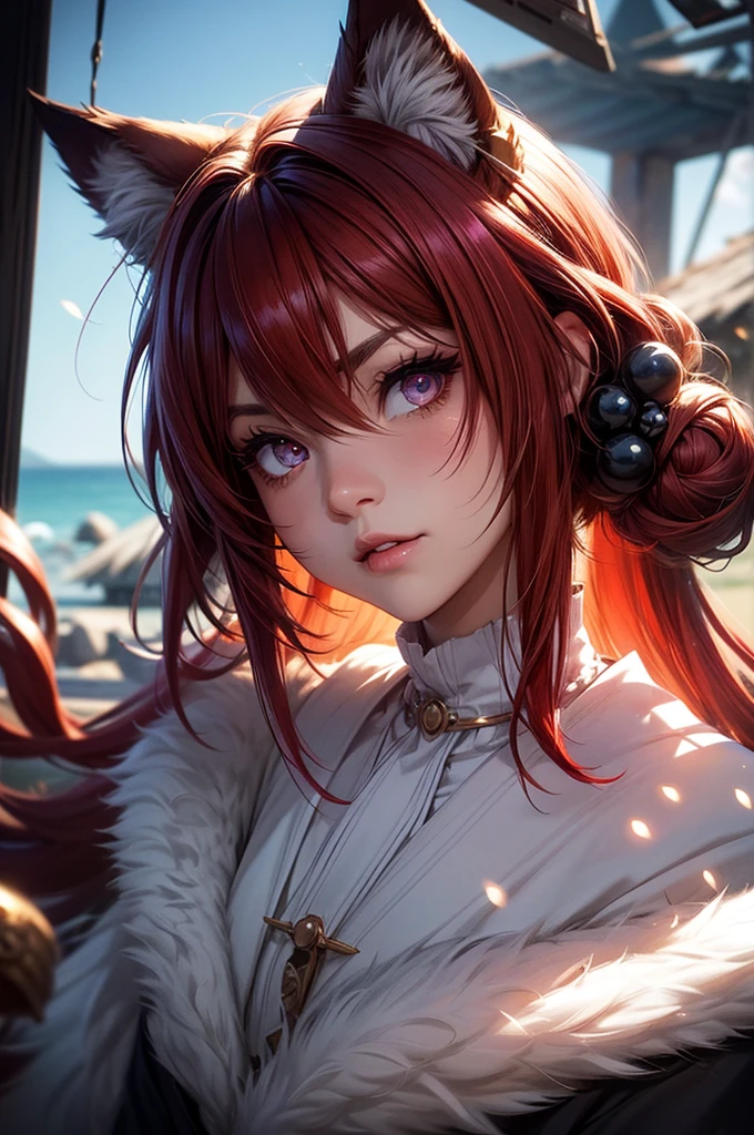hair bobbles, wince, longeyelashes, solid circle eyes, fake animal ears, ear blush, fang, ccurate, red hair, scar on cheek, sparkling eyes, wolf ears, serious, Surrealism, drop shadow, anaglyph, stereogram, tachi-e, pov, atmospheric perspective, chiaroscuro, sideways, 8k, super detail, best quality