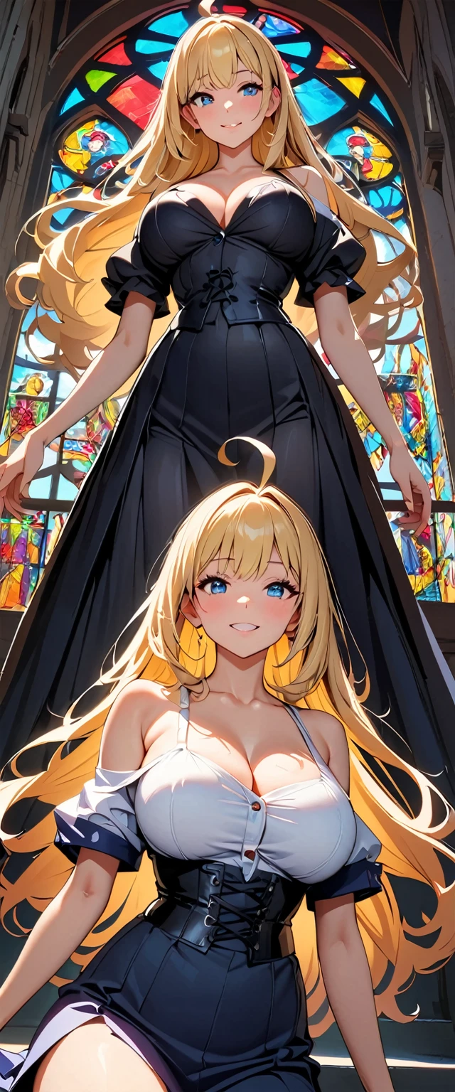 Apron appearance、(Highest quality:1.2, Very detailed, up to date, Vibrant, Ultra-high resolution, High Contrast, masterpiece:1.2, Highest quality, Best aesthetics), (Small face), (Very detailedな肌:1.2), One Woman, (blonde, Long Hair, Ahoge, blue eyes), (Slim figure:1.4, Woman with slim body and large breasts), Beautiful Eyes, Glossy Lips, Glowing Skin, Beautiful thighs, ((smile)), ((Random Pause:1.4)), (Off the shoulder, elegant black dress, Corset belt, Jewelry Products, Beautiful buttons, Long skirt with high waist, Dress designs that accentuate the bust), (Sexy Body), Perfect Fingers, Five Fingers, (church, Stained glass, Beautiful light), Background Blur,