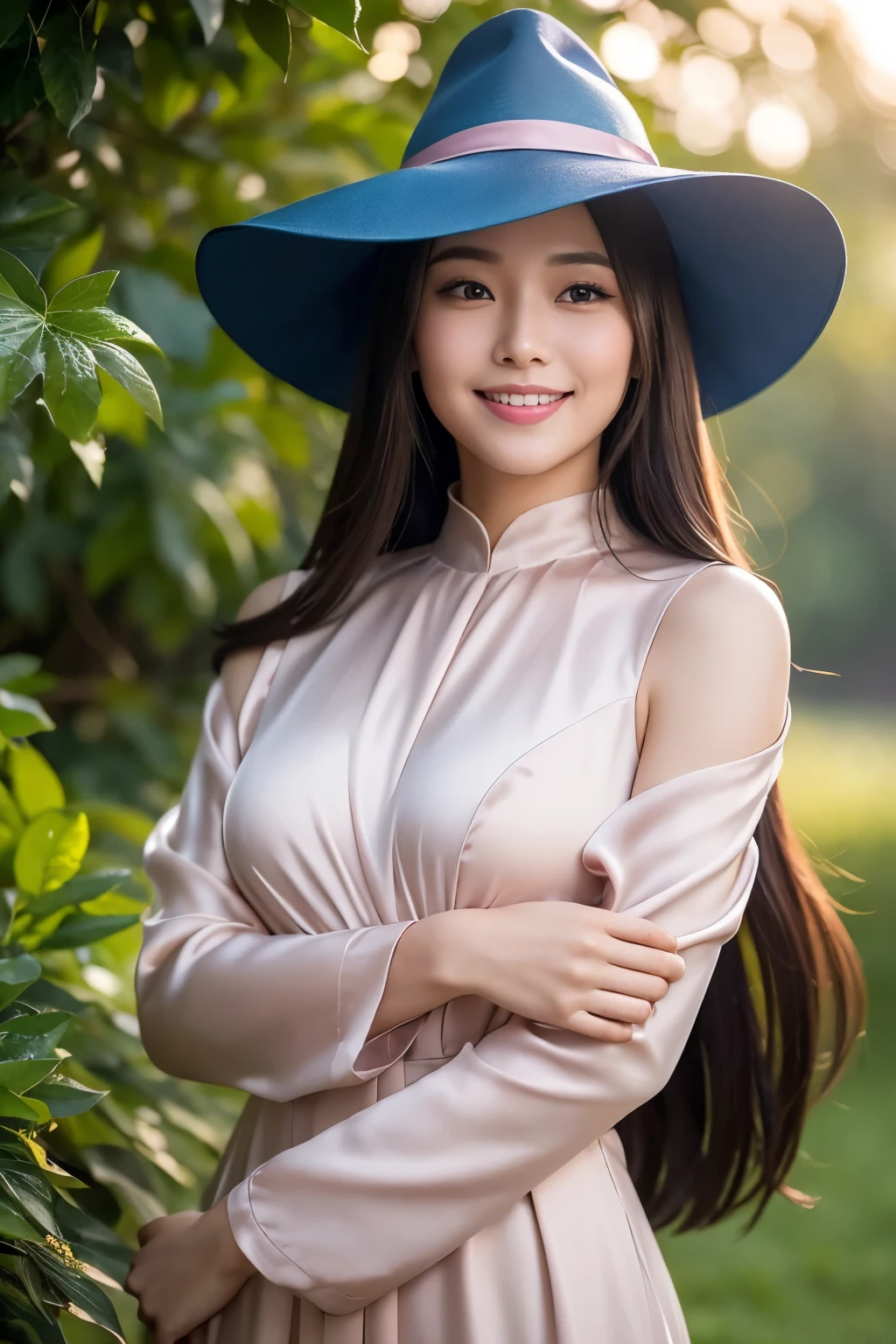 1 Beautiful young Asian military girl, radiating a smile with her long straight hair, cascading down to her shoulders and framing her bangs, her bright blue eyes sparkling under the soft light. She possesses a straight nose, complementing her symmetric figure, accompanied by small pink lips that curved into a perfect smile. Her flat stomach and long legs exuded a sense of elegance, while her ergonomic hands and fingers were designed for precision and comfort.

Dressed in a shiny silk dress that hugged her figure perfectly, she donned a witch hat that added a whimsical touch to her military uniform. Surrounded by the serene beauty of a sunrise, cherry bloss