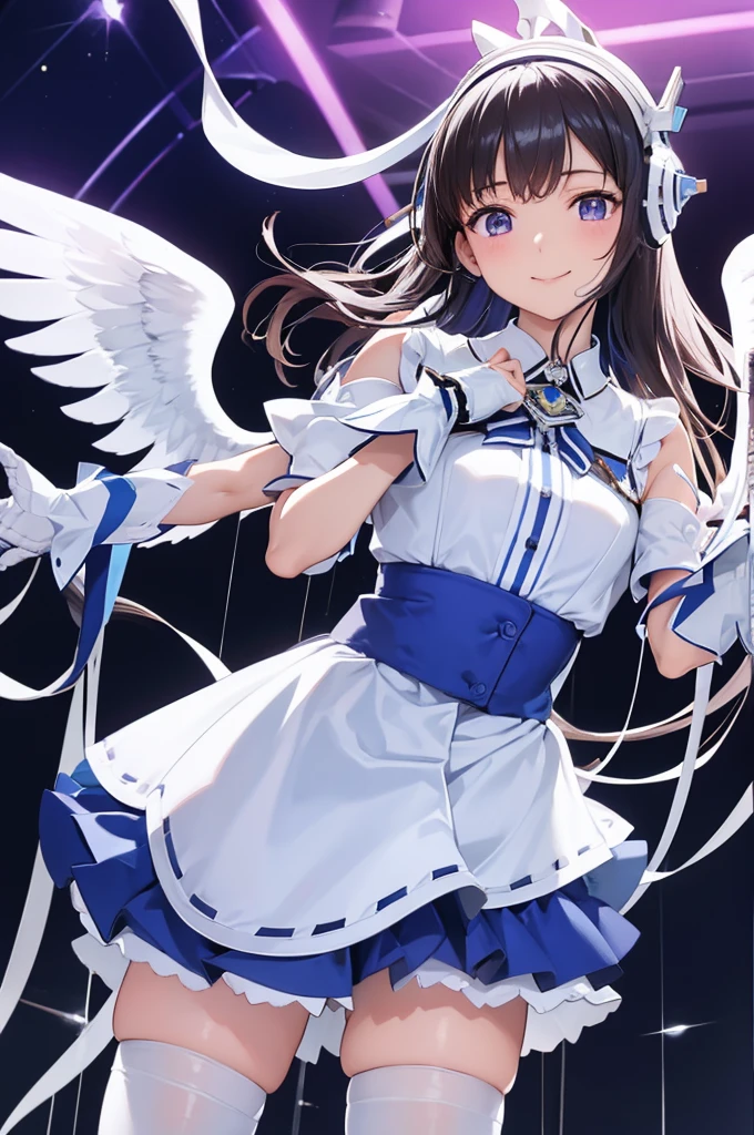 Mecha Wings、White and blue skirt、Accentuated thighs、White tights、chest、Beautiful black hair、1 girl、solo girl、Thick thighs、is、Frame Arms Girl、Alice Gere Aegis、White Armor、Blue and purple lines、income、headphone、hand on own chest、smile、idol costume、Uesaka Sumire、Sumire Uesaka