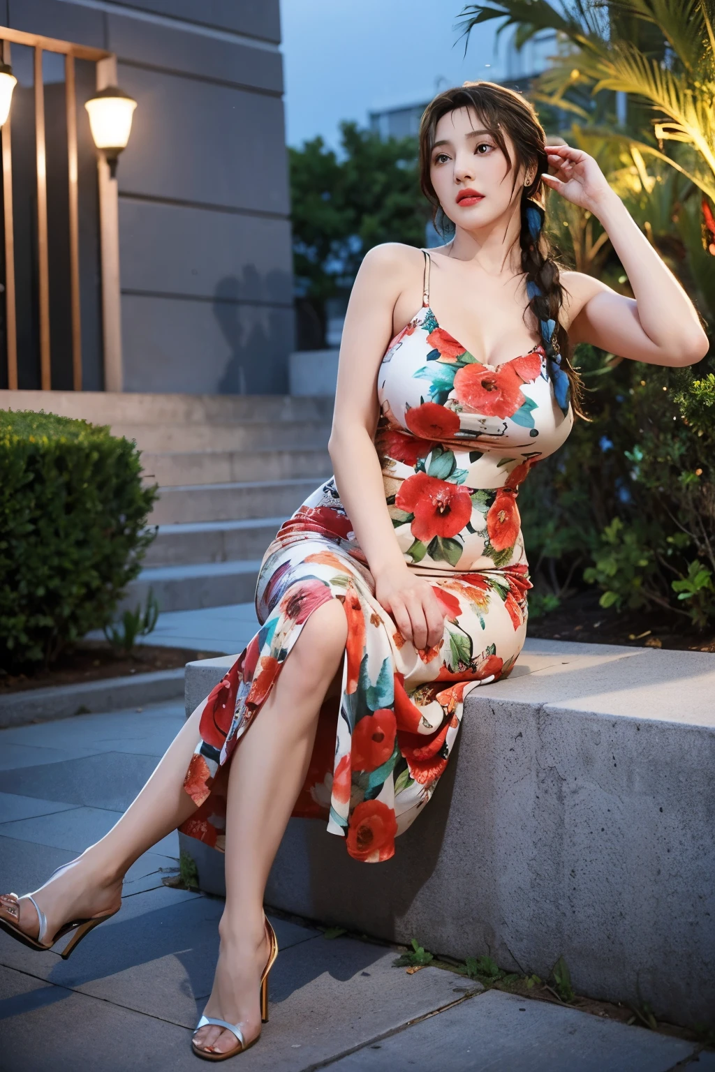 mikyung, A busty women, brown hair, glossy lips, messy single hair braid, wearing printed flower tanktop dress, high heels, night, in the night, night at garden, sexy pose, seductive, dynamic lighting, candid, close-up