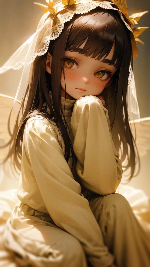 1 girl, dark brown hair, gold eyes, White skin, dressed in a white dress with lace and pleats, fairy wings, shy posture, whole body, sitting on a tree throne, green mondays around with faces, Moonlight, flower crown on her head, soft smile, gentle.