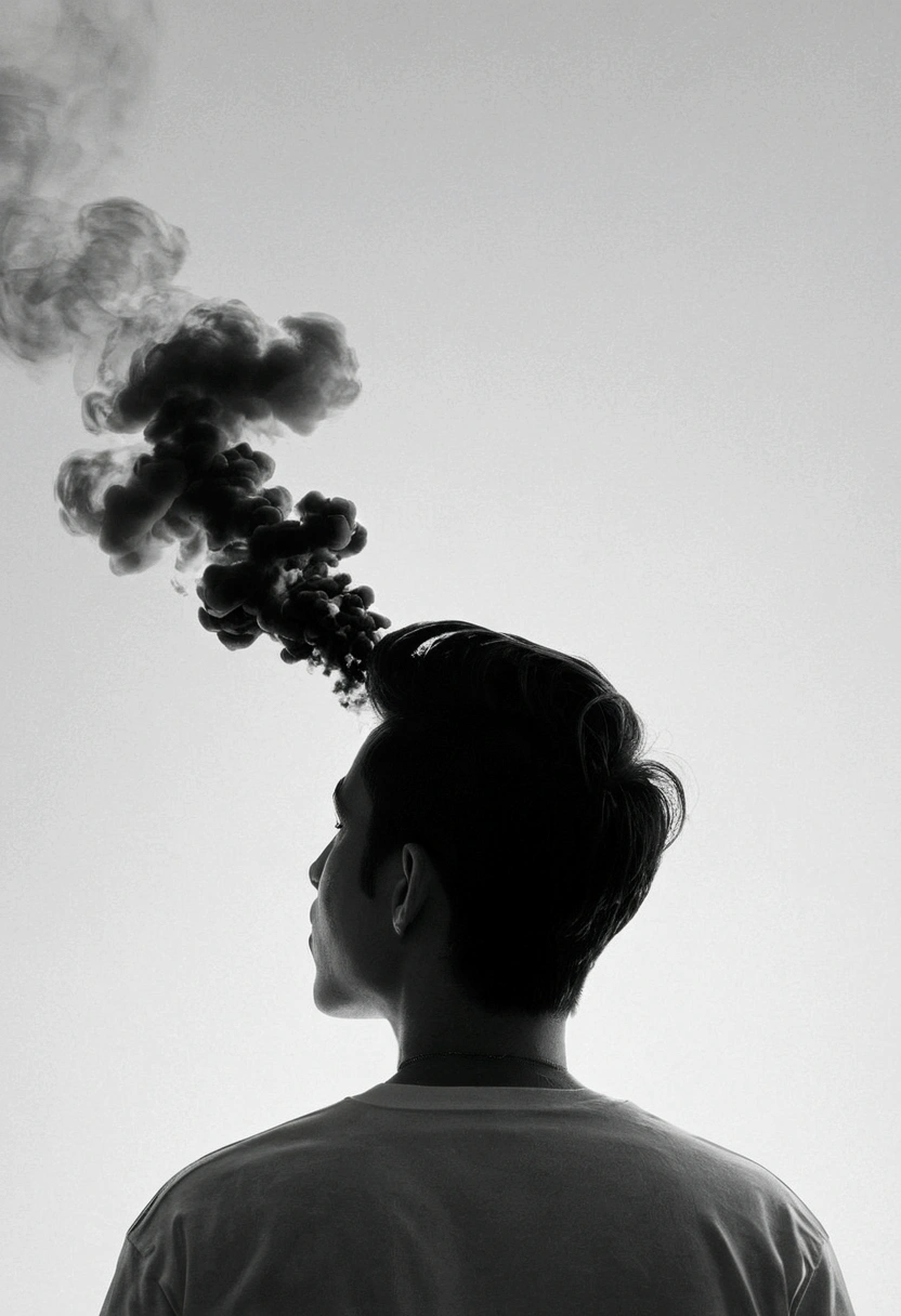 A person's head turns into smoke and floats away,Black and white photo album cover,Minimalist blur style