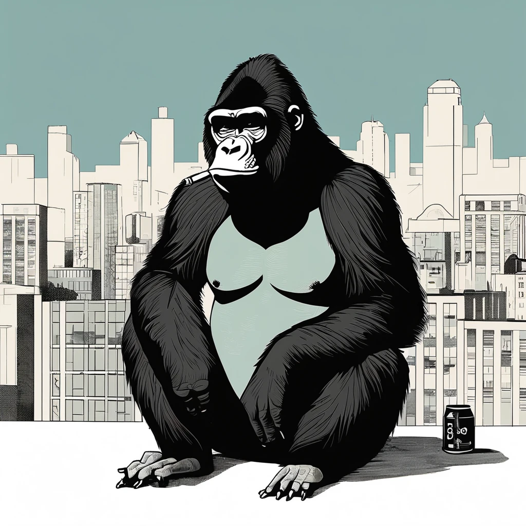 gorilla-like , sweet,art by Sophie Roach , art by Jon Klassen , art by Michael Cho , art by Sophie Roach、sunglasses,campimg,smoking,city
