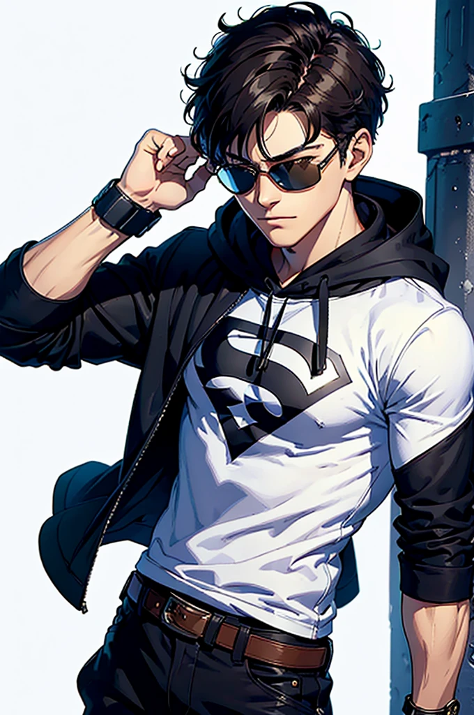((illustration)), (best quality)), ((masterpiece)), (detailed), ((white background)), age, boy, dark hair, brown eyes, muscular, shirt, black hoodie, sunglass, smirking, solo, gauntlet, day, stylish, slick hair, modern, superhero,
