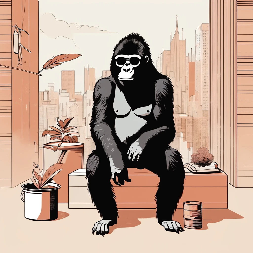 gorilla-like , sweet,art by Sophie Roach , art by Jon Klassen , art by Michael Cho , art by Sophie Roach、sunglasses,campimg,smoking,city