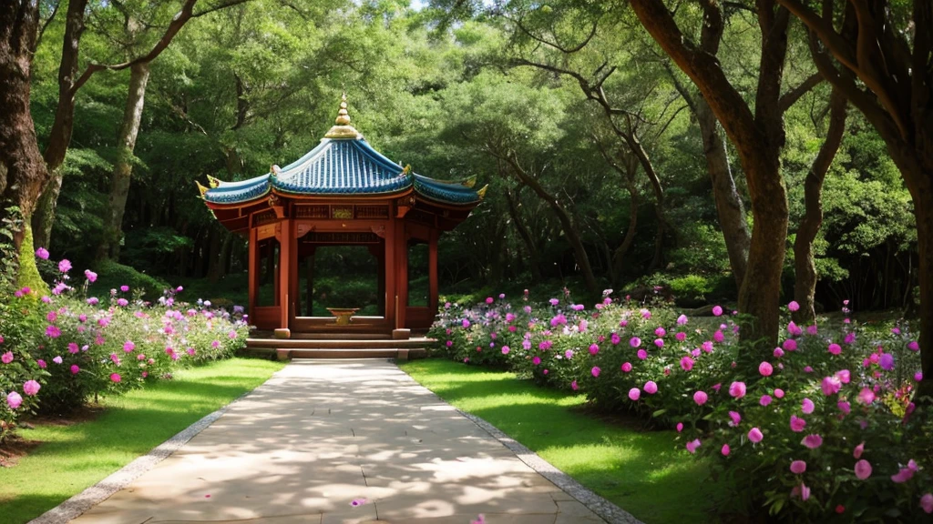 Create an enchanting wedding venue design surrounded by the tranquil and majestic Shantipura, Kingdom of Peace. The scene is lush, Lush forest, In the center is a magnificent pavilion.々It is built as, Decorated with golden lanterns and a cascade of blooming wildflowers. The air is calm and filled with a magical atmosphere., The soft light of the torches guides guests down a magical path..
Elegant seating is lined up on the forest floor, Exquisite details include velvet-covered benches and plush cushions, Suitable for a quiet environment. A breathtaking altar