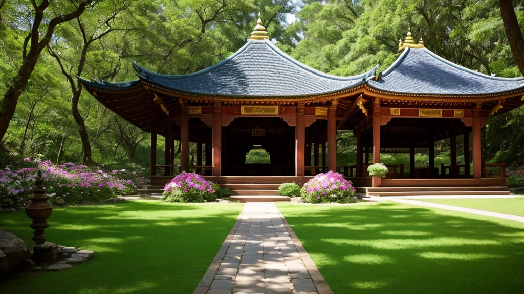 Create an enchanting wedding venue design surrounded by the tranquil and majestic Shantipura, Kingdom of Peace. The scene is lush, Lush forest, In the center is a magnificent pavilion.々It is built as, Decorated with golden lanterns and a cascade of blooming wildflowers. The air is calm and filled with a magical atmosphere., The soft light of the torches guides guests down a magical path..
Elegant seating is lined up on the forest floor, Exquisite details include velvet-covered benches and plush cushions, Suitable for a quiet environment. A breathtaking altar