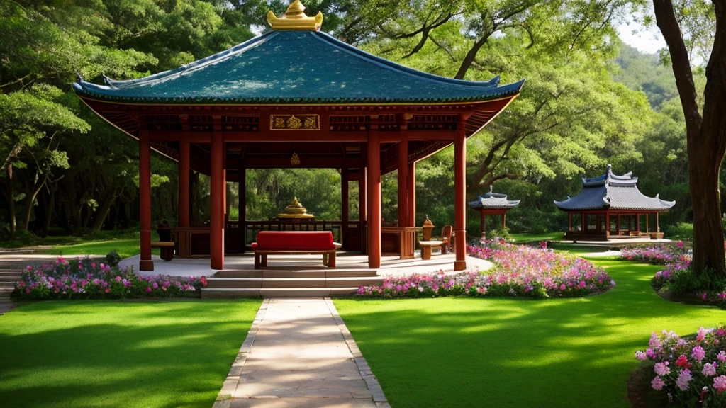 Create an enchanting wedding venue design surrounded by the tranquil and majestic Shantipura, Kingdom of Peace. The scene is lush, Lush forest, In the center is a magnificent pavilion.々It is built as, Decorated with golden lanterns and a cascade of blooming wildflowers. The air is calm and filled with a magical atmosphere., The soft light of the torches guides guests down a magical path..
Elegant seating is lined up on the forest floor, Exquisite details include velvet-covered benches and plush cushions, Suitable for a quiet environment. A breathtaking altar
