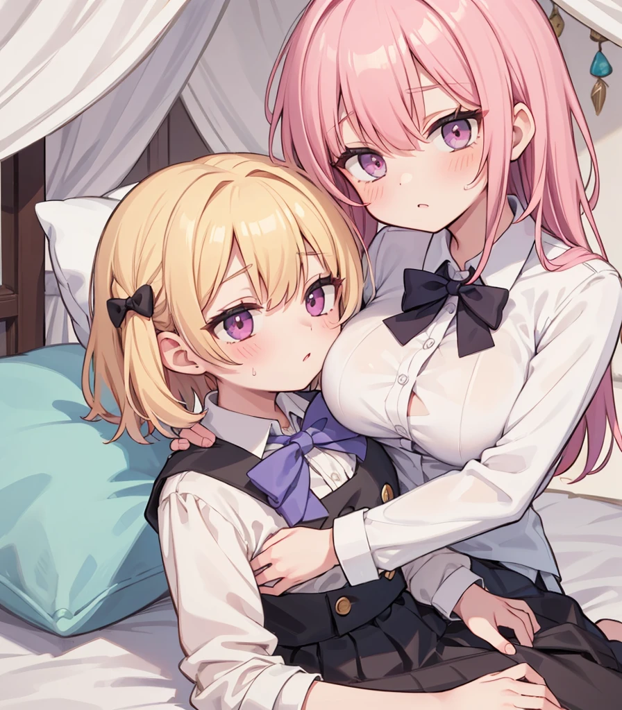 masterpiece, Highest quality, so beautiful, absurdists,High resolution,One girl, One boy,Cuddling in bed, like,sexly,Look at each one, blush,Age difference,bow tie,blondes,chest,Long Hair,Pink Hair,Tucked in shirt,short hair,skirt,Tent shirt,Slut,Big breasted sister and brother,Siblings, trousers,Pushing her big tits against her brother,(My brother&#39;s erect penis),((((姉のvery huge breasts,Sister crushes her big tits in her brother&#39;s face)))),(((((Very huge breasts))))),(((((penis,NSFW,Soft Very HUGE breasts))))),((Bursting Breasts,Huge breasts hiding her brother&#39;s face)),((((((((Huge Breasts, Large Breasts, Very Large Breasts, Very Large Breasts, Very Large Breasts, Very Large Breasts, Very Large Breasts, Very Large Breasts, Very Large Breasts, Very Large Breasts, Very Large Breasts, Very Large Breasts, Burying Face in Breasts)))))))),Two people gazing at each other,puffy breasts,((Face crushed by tits, huge breasts on brother's body, mouth covered by tits, breasts covering face)),((huge breasts)),((soft massive breasts)),crotch grab