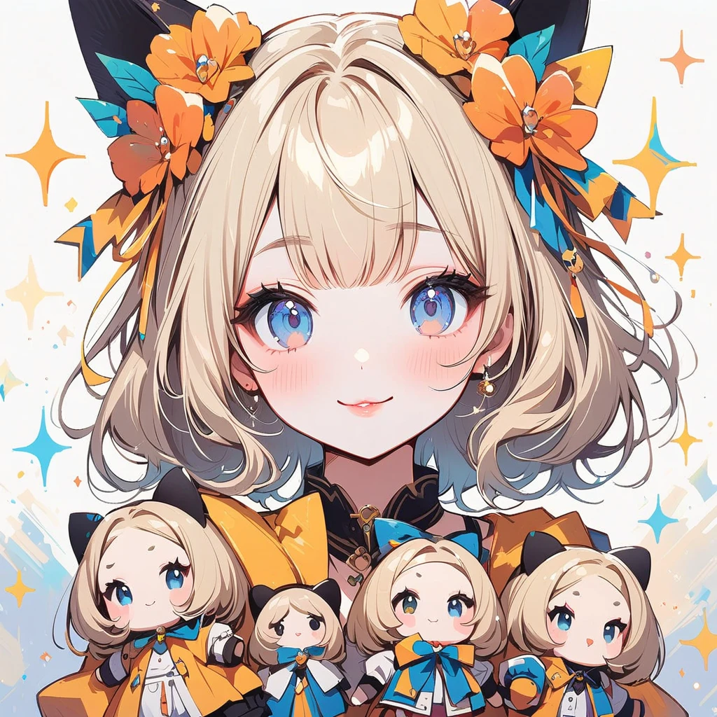 Beautiful girl, extravagant makeup, rhinestones, sparkle, light blonde hair, pale blue eyes, rosy cheeks, heart-shaped lips, doll, solo, cute, smiling