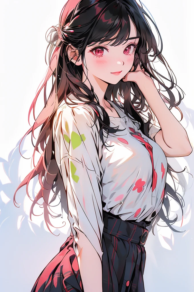 1girl, solo, long_hair, breasts, (looking_at_viewer), medium_angle, centred, blush, smile, simple_background, shirt, red_eyes, pink_hair, white_background