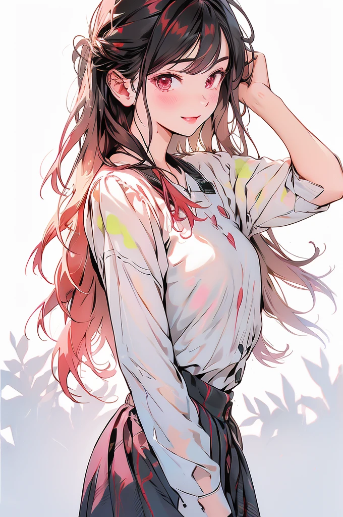 1girl, solo, long_hair, breasts, (looking_at_viewer), medium_angle, centred, blush, smile, simple_background, shirt, red_eyes, pink_hair, white_background