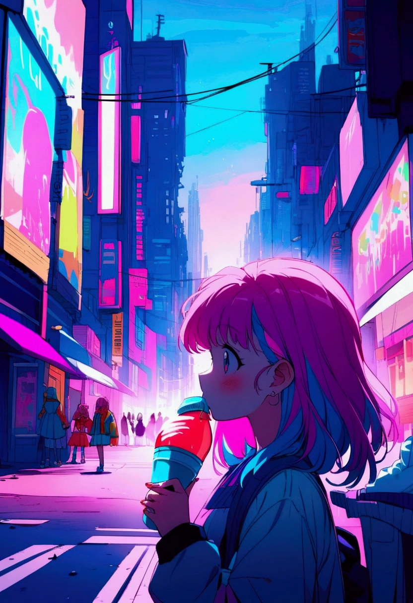 Pink and blue hair girl, soda, Inspired by 90s anime, Cyberpunk City, praise, colorful, , Pink Hair, Blue Hair Dot Wallpaper House Fashion Show