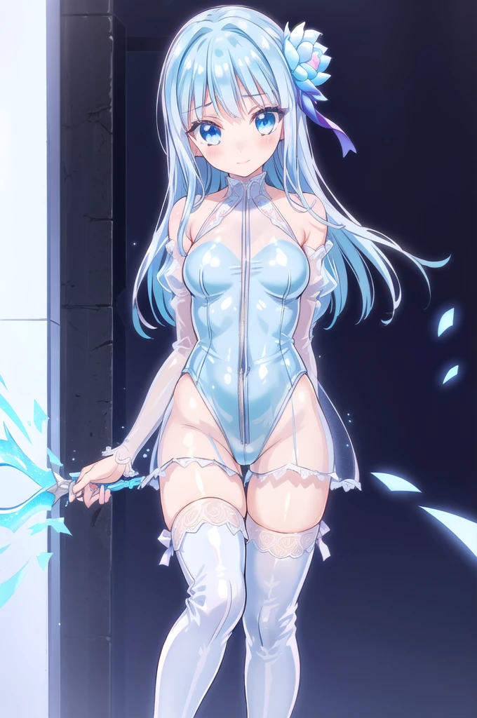 1girl,solo,cowboy shot,standing,(pastel blue hair:1.2),(long hair), straight hair,bangs,ice flower ornament,(blue eyes:1.2), (beautiful fingers:1.4),(perfect anatomy:1.4),(arms_behind_back:1.6),(cold_shoulder:1.2),(pastel blue one-piece_swimsuit:1.4),(leather lace glossy silk lamé:1.4),(latex luster shiny glossy:1.6),(shiny_clothes:1.6),medium breasts,beautiful breasts,masterpiece,best quality,(Ultra high definition eyes:1.2),8k,(Beautiful detailed eyes:1.2),(Fine and beautiful eyes:1.2),(pretty eyes:1.2),finely detail,extremely CG, absurdres,high resolution,illustration,Detailed and beautiful outlines,finely detail,high resolution,(colorful refraction:1.4,Increase saturation:1.2),beautiful lighting,dynamic lighting,closed room,black background,simple background, smile,looking at viewer,mabel rayveil, hair ornament, flower, hair flower, blunt bangs,long sleeves,pastel blue dress, (jacket), shorts, puffy sleeves, short shorts, black shorts,BREAK,(pastel blue thigh boots:1.4),(white Clear PVC sheets sleeves:1.4),(sheer sleeves:1.4),(see-through sleeves:1.4),(wide sleeves:1.2)