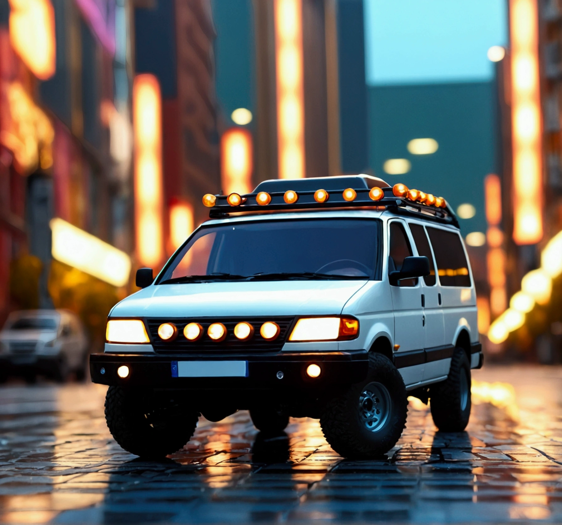 an armed van, technical modified civil automobile, crossing the streets of the city.