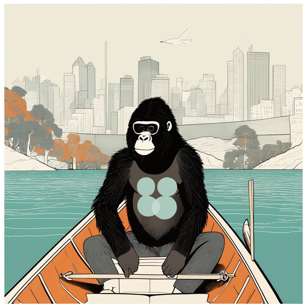 gorilla-like , sweet,art by Sophie Roach , art by Jon Klassen , art by Michael Cho , art by Sophie Roach、sunglasses,campimg,smoking,city,canoe