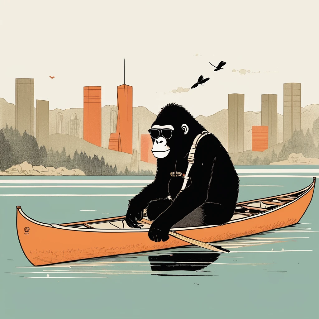 gorilla-like , sweet,art by Sophie Roach , art by Jon Klassen , art by Michael Cho , art by Sophie Roach、sunglasses,campimg,smoking,city,canoe