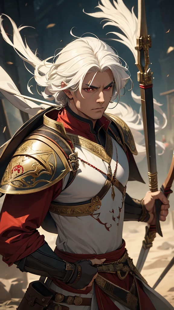 a man warrior archer with medium-cut white hair, red eyes, detailed facial features, beautiful, ornate armor, wielding a longbow, in a battle scene, medieval fantasy, dramatic lighting, cinematic composition, epic, highly detailed, 8k, photorealistic, masterpiece