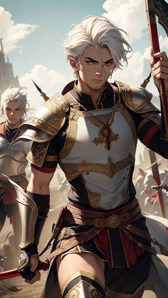 a man warrior archer with medium-cut white hair, red eyes, detailed facial features, beautiful, ornate armor, wielding a longbow, in a battle scene, medieval fantasy, dramatic lighting, cinematic composition, epic, highly detailed, 8k, photorealistic, masterpiece