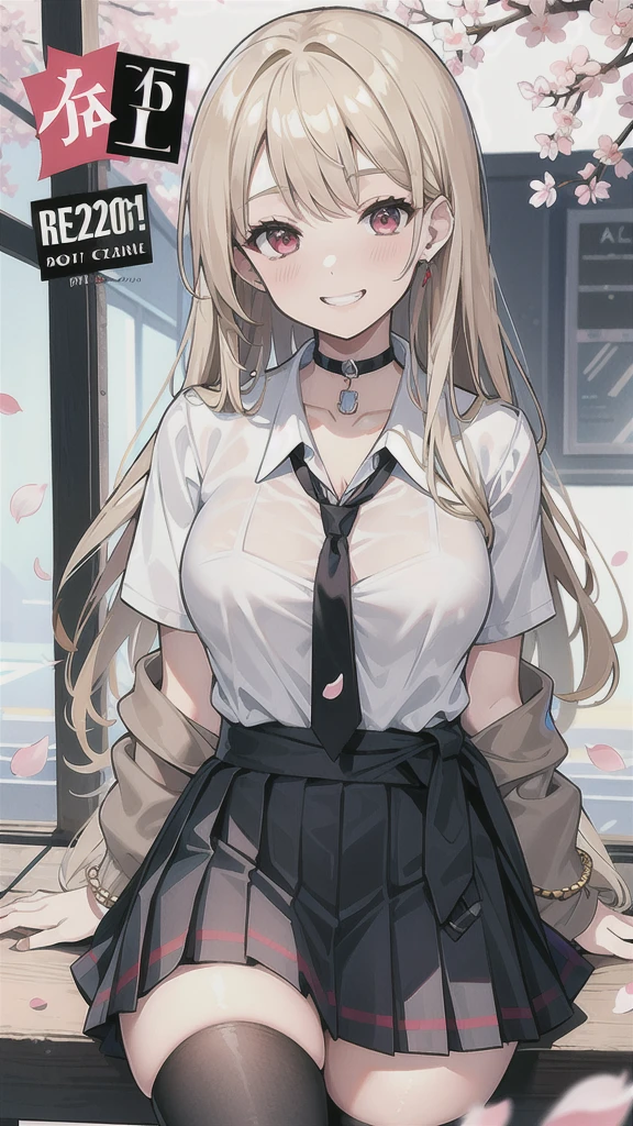 masterpiece, best quality, full body,
1girl, bangs, black choker, black necktie, blonde hair, blue skirt, blush, bracelet, breasts, choker, clothes around waist, collarbone, collared shirt, cowboy shot, dress shirt, ear piercing, eyebrows visible through hair, gradient hair, grin, gyaru, jewelry, kogal, long hair, looking at viewer, loose necktie, necktie, piercing, plaid, plaid skirt, pleated skirt, red eyes, ring, school uniform, shirt, skirt, smile, solo, white shirt,
street, sky, cherry blossoms, petals,illustration, (magazine:1.3), (cover-style:1.3), fashionable, woman, vibrant, outfit, posing, front, colorful, dynamic, background, elements, confident, expression, holding, statement, accessory, majestic, coiled, around, touch, scene, text, cover, bold, attention-grabbing, title, stylish, font, catchy, headline, larger, striking, modern, trendy, focus, fashion,