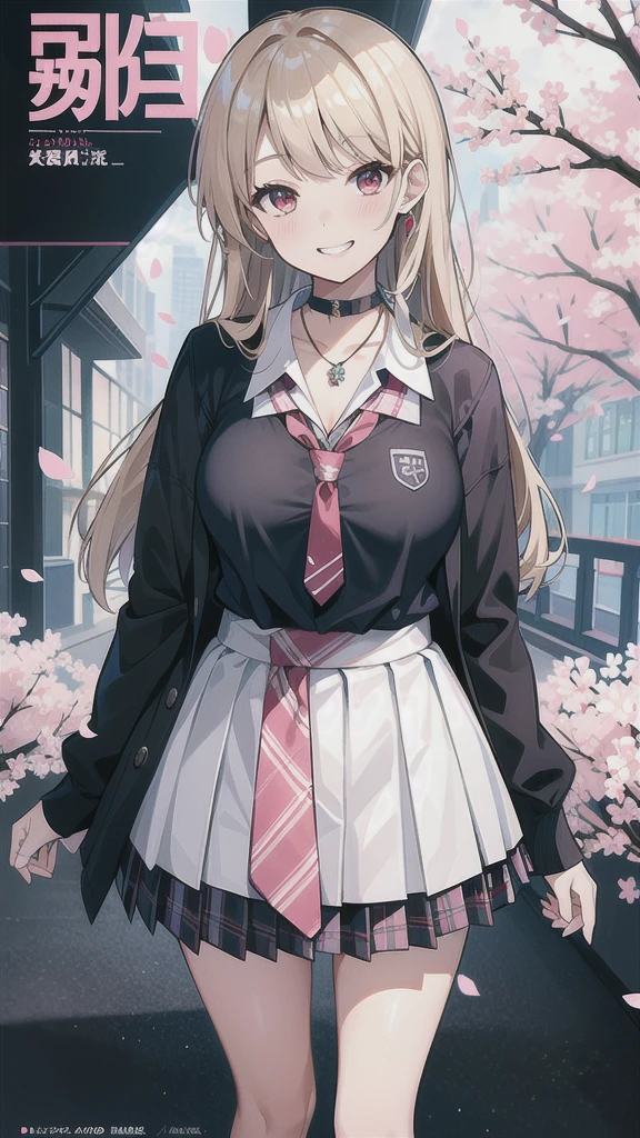 masterpiece, best quality, full body,
1girl, bangs, black choker, black necktie, blonde hair, blue skirt, blush, bracelet, breasts, choker, clothes around waist, collarbone, collared shirt, cowboy shot, dress shirt, ear piercing, eyebrows visible through hair, gradient hair, grin, gyaru, jewelry, kogal, long hair, looking at viewer, loose necktie, necktie, piercing, plaid, plaid skirt, pleated skirt, red eyes, ring, school uniform, shirt, skirt, smile, solo, white shirt,
street, sky, cherry blossoms, petals,illustration, (magazine:1.3), (cover-style:1.3), fashionable, woman, vibrant, outfit, posing, front, colorful, dynamic, background, elements, confident, expression, holding, statement, accessory, majestic, coiled, around, touch, scene, text, cover, bold, attention-grabbing, title, stylish, font, catchy, headline, larger, striking, modern, trendy, focus, fashion,