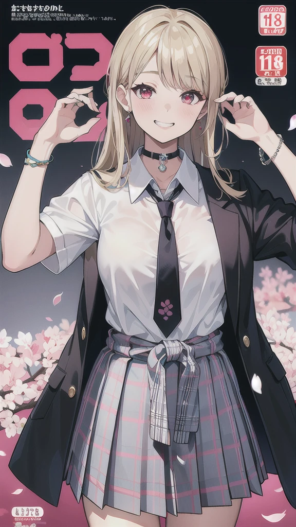 masterpiece, best quality,  full body,
1girl, bangs, black choker, black necktie, blonde hair, blue skirt, blush, bracelet, breasts, choker, clothes around waist, collarbone, collared shirt, cowboy shot, dress shirt, ear piercing, eyebrows visible through hair, gradient hair, grin, gyaru, jewelry, kogal, long hair, looking at viewer, loose necktie, necktie, piercing, plaid, plaid skirt, pleated skirt, red eyes, ring, school uniform, shirt, skirt, smile, solo, white shirt,
street, sky, cherry blossoms, petals,illustration, (magazine:1.3), (cover-style:1.3), fashionable, woman, vibrant, outfit, posing, front, colorful, dynamic, background,  elements, confident, expression, holding, statement, accessory, majestic, coiled, around, touch, scene, text, cover, bold, attention-grabbing, title, stylish, font, catchy, headline, larger, striking, modern, trendy, focus, fashion,