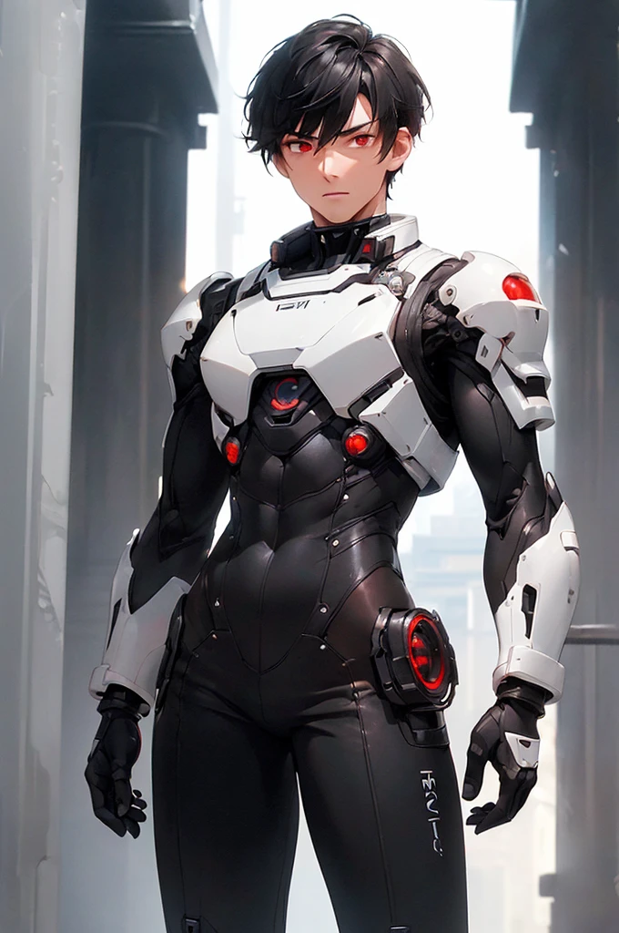 (((masterpiece; best quality: 1.2))), (finely detailed eyes: 1.3), (25 year old man), (solo), (red eyes: 1.4), (body; toned, fit, masculine: 1.3), (short black hair: 1.3), (beautiful and clear background: 1.2), ((depth of field)), (equipment: black-and-white mechpilot bodysuit + black gloves: 1.3), (anime illustration: 1.2), (background composition; hangar: 1.1), (extremely fine and handsome: 1.1), (shot composition; standing + centered on torso + close-up: 1.5), (expression; calm, stoic: 1.2)